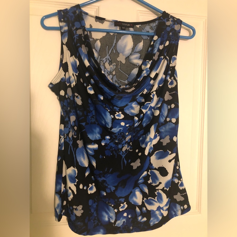 Floral Scoop Drop Cowl Neck in Black/Blue/White for the Office/Formal Occasions